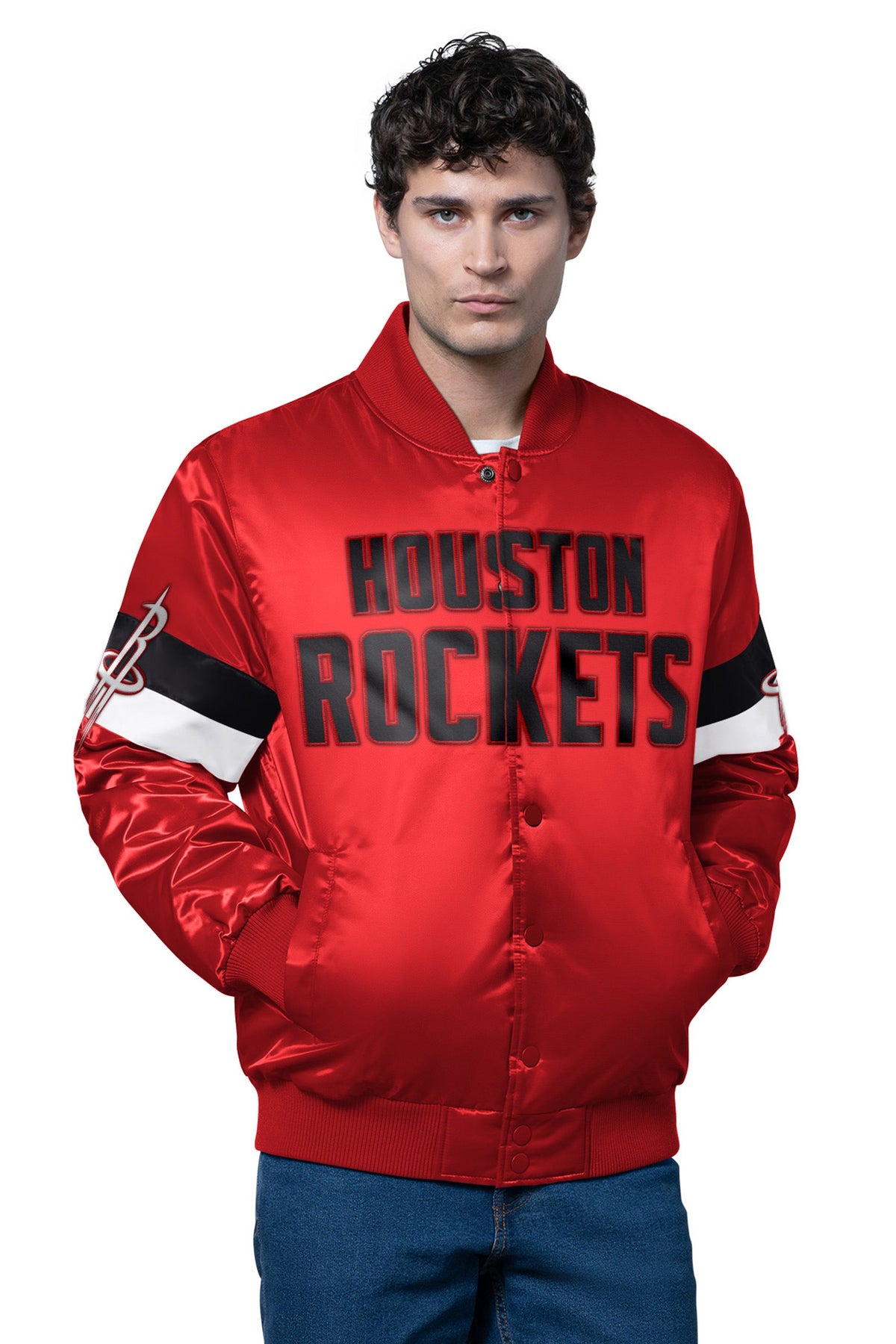MENS HOUSTON ROCKETS TRIPLE OPTION SATIN VARSITY JACKET