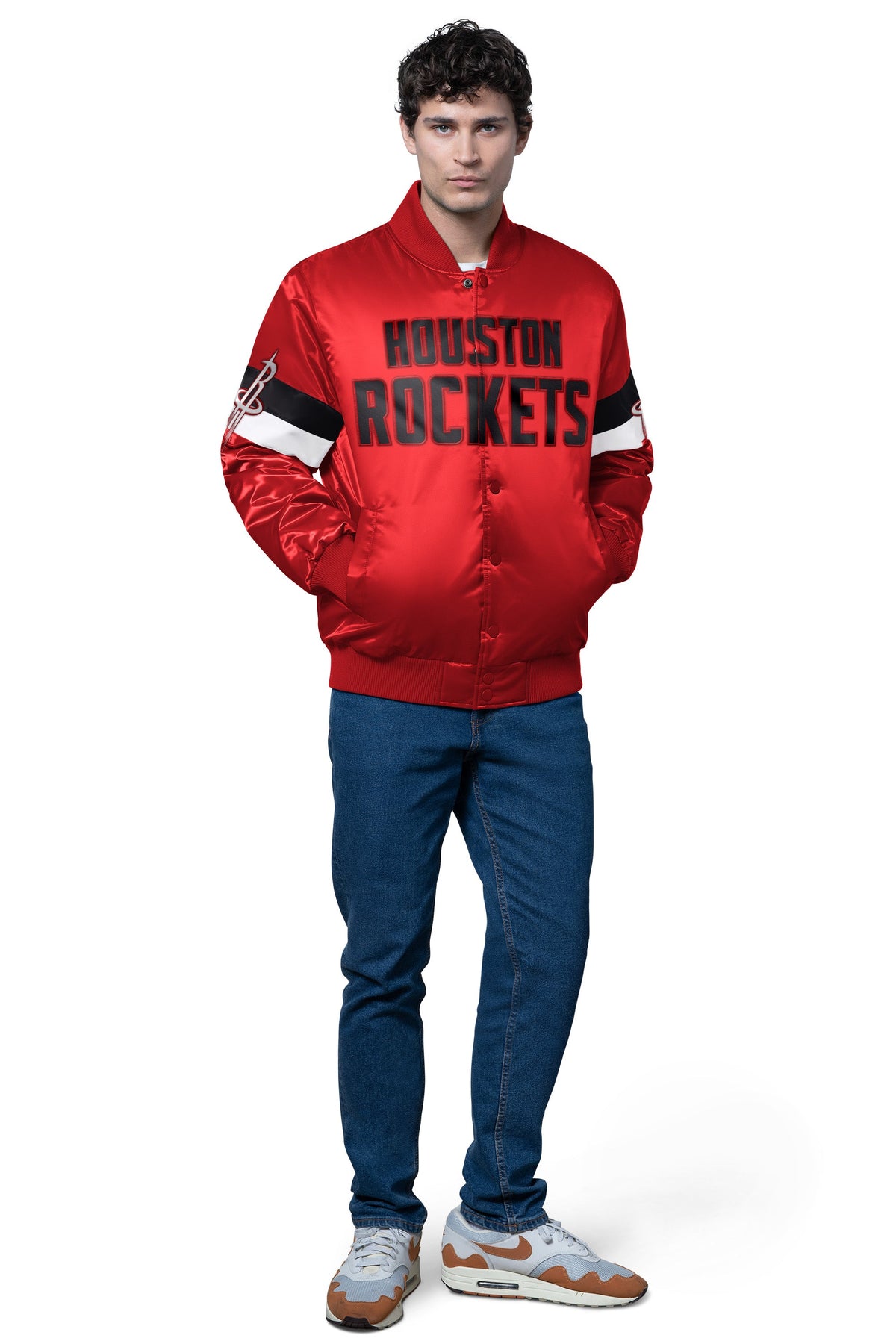 MENS HOUSTON ROCKETS TRIPLE OPTION SATIN VARSITY JACKET