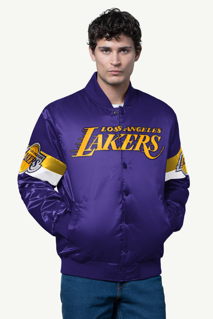 MENS LA LAKERS TRIPLE OPTION SATIN VARSITY JACKET