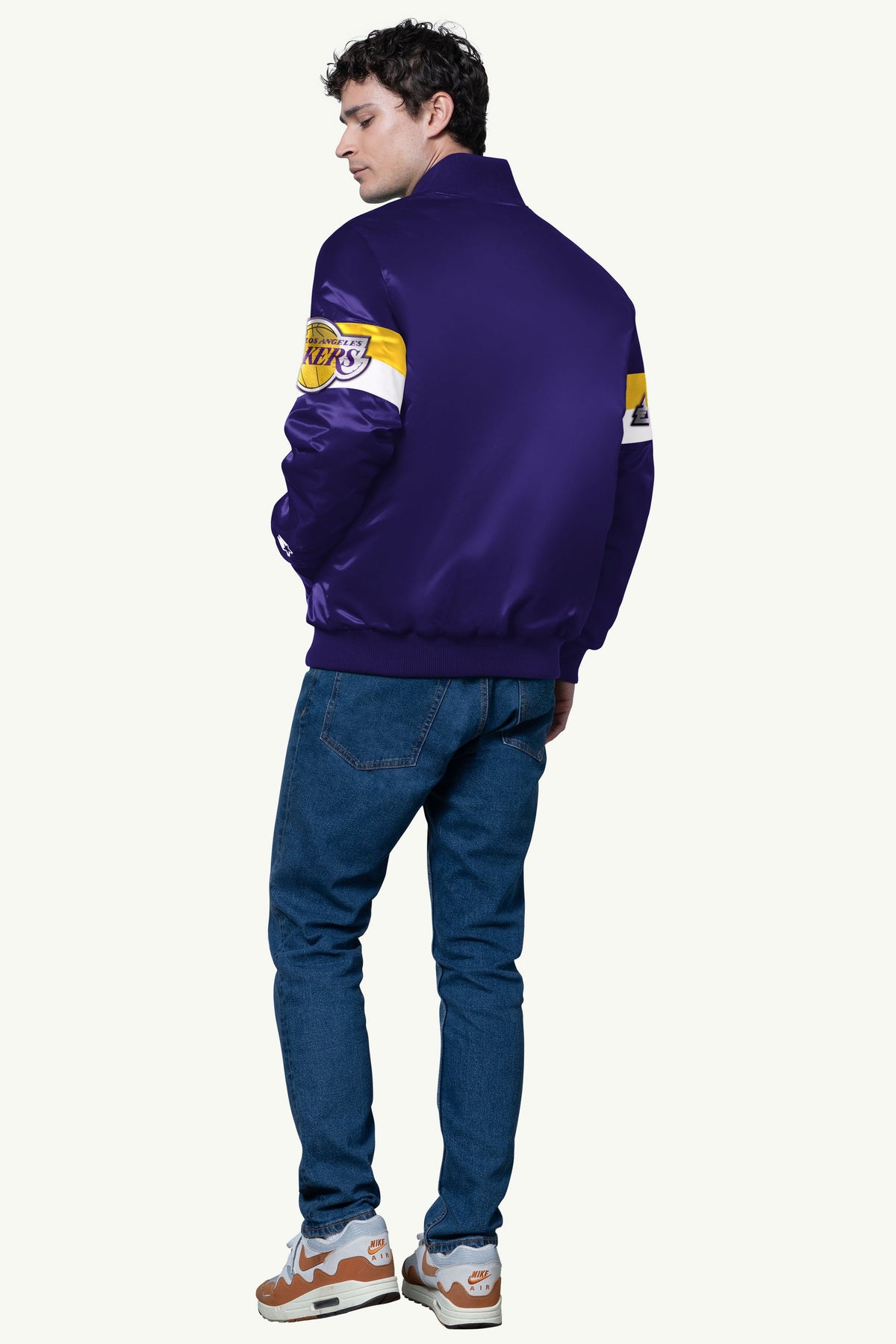 MENS LA LAKERS TRIPLE OPTION SATIN VARSITY JACKET