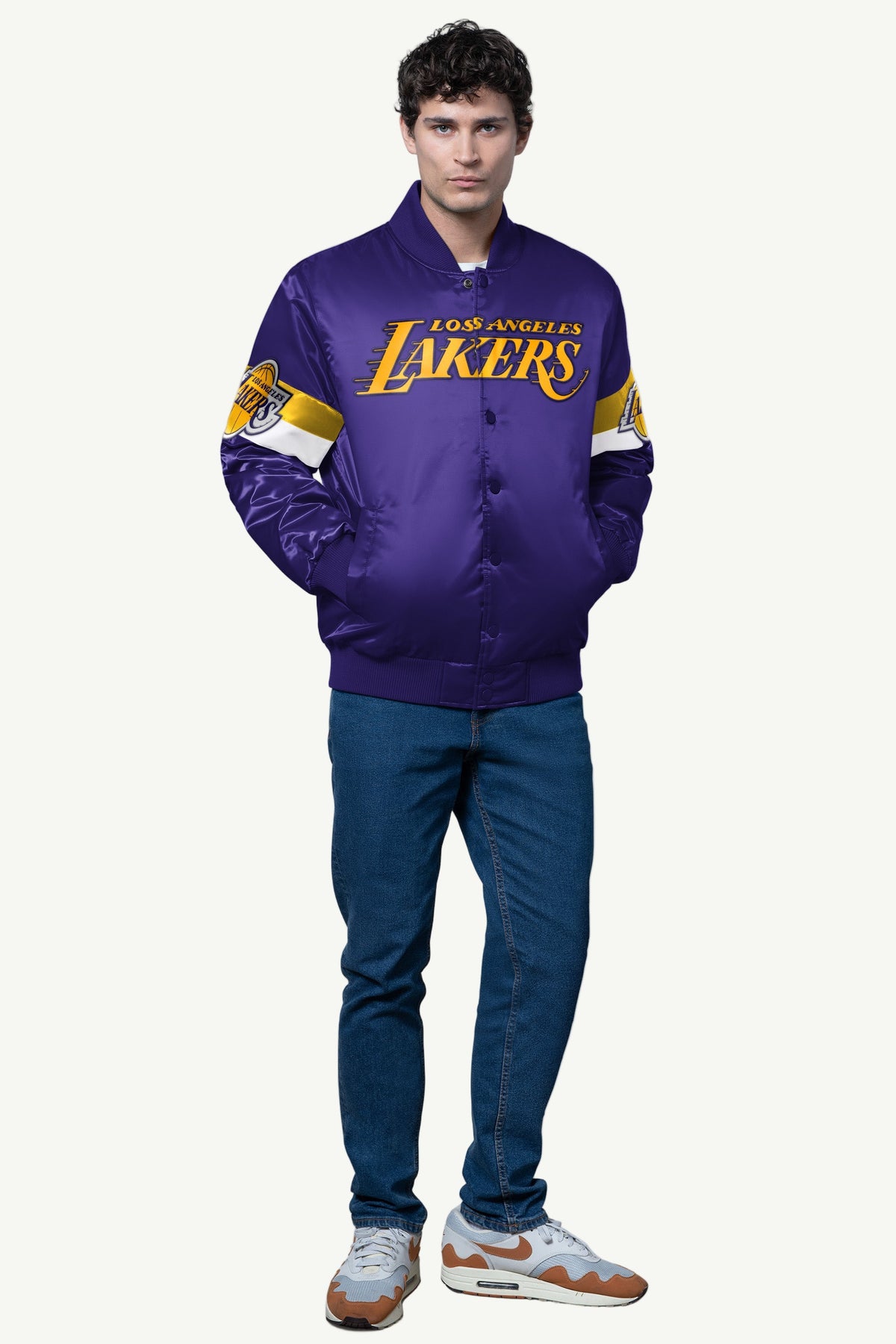 MENS LA LAKERS TRIPLE OPTION SATIN VARSITY JACKET
