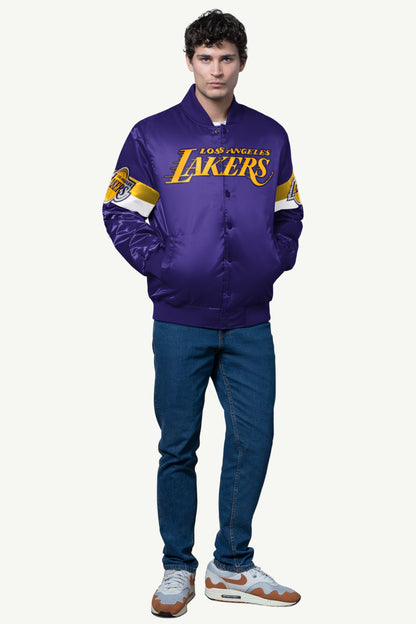MENS LA LAKERS TRIPLE OPTION SATIN VARSITY JACKET