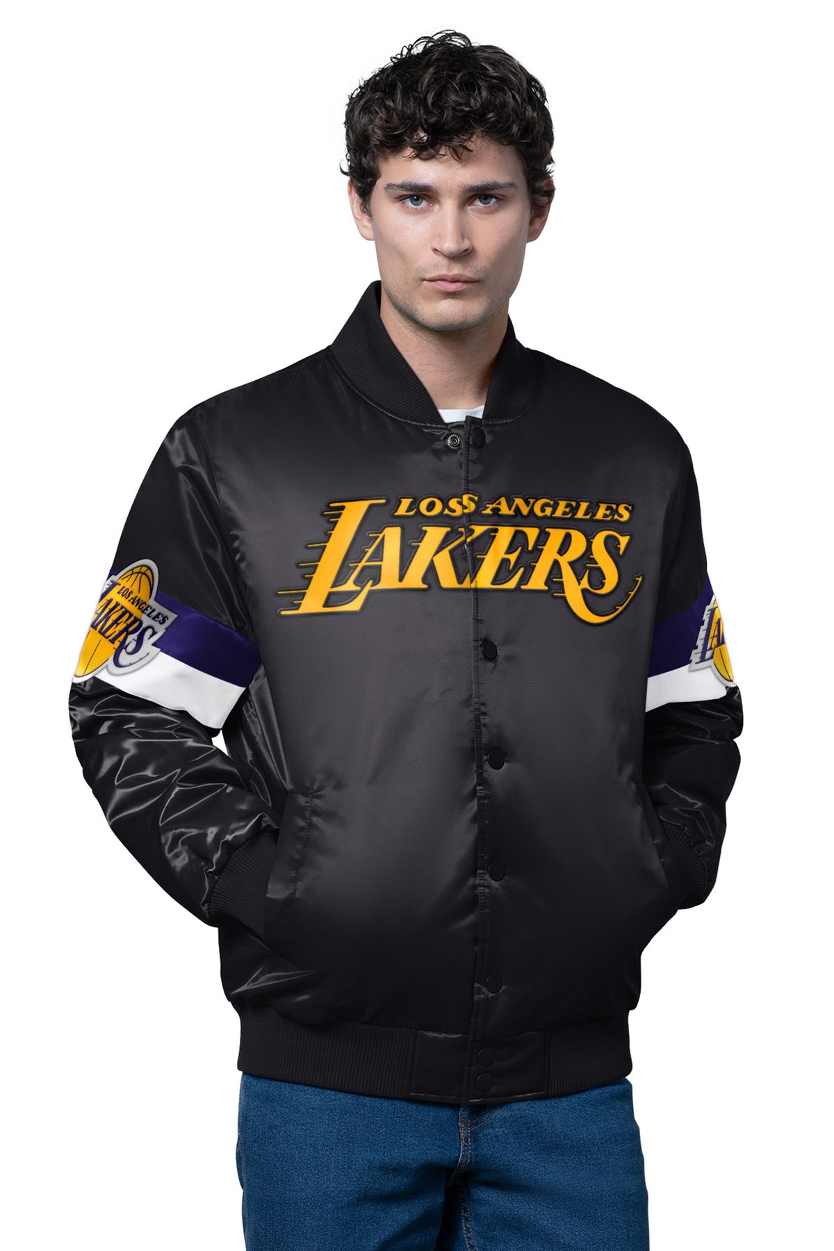MENS LA LAKERS TRIPLE OPTION SATIN VARSITY JACKET