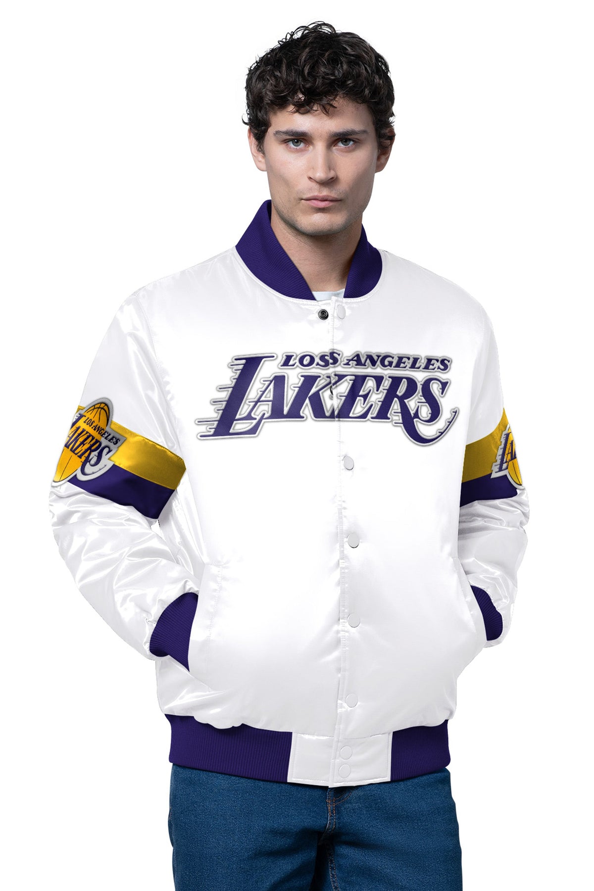 MENS LA LAKERS TRIPLE OPTION SATIN VARSITY JACKET