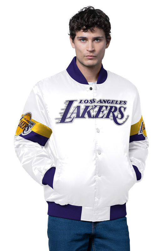 MENS LA LAKERS TRIPLE OPTION SATIN VARSITY JACKET