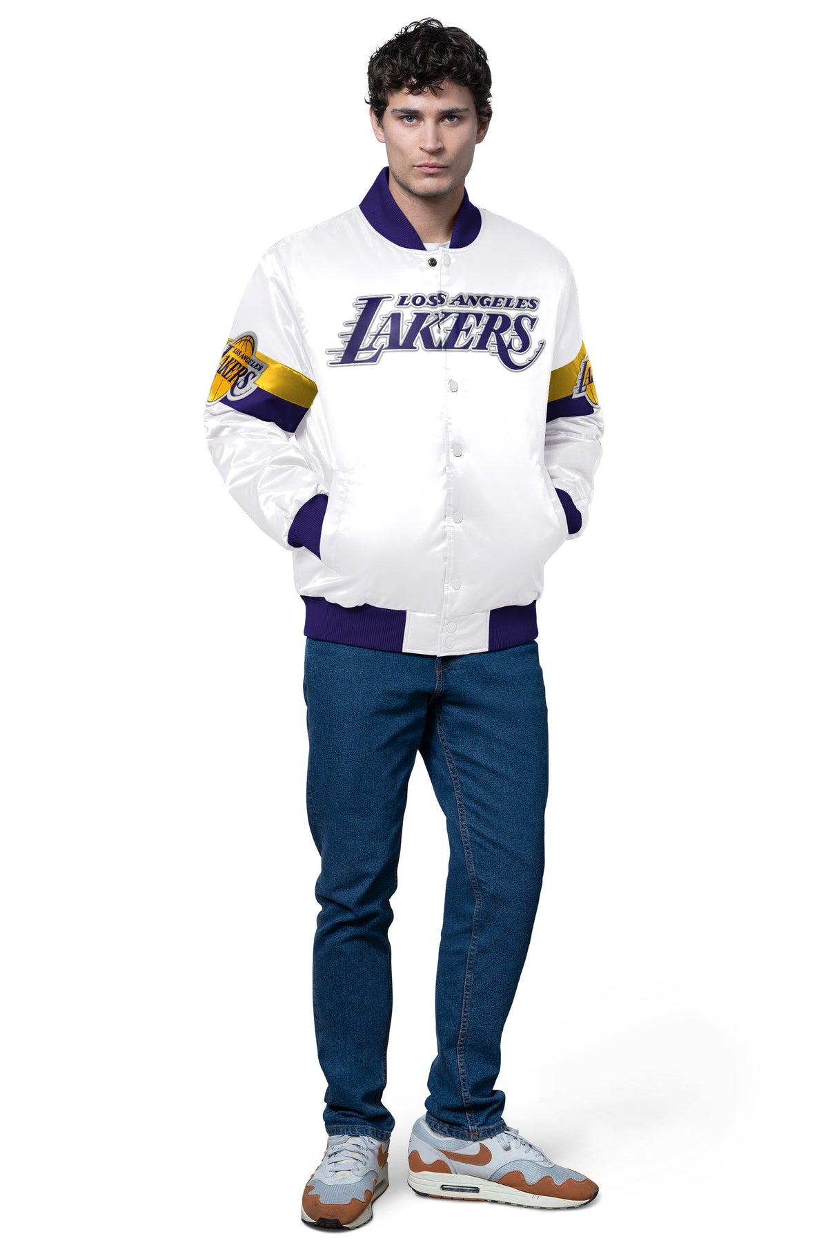 MENS LA LAKERS TRIPLE OPTION SATIN VARSITY JACKET