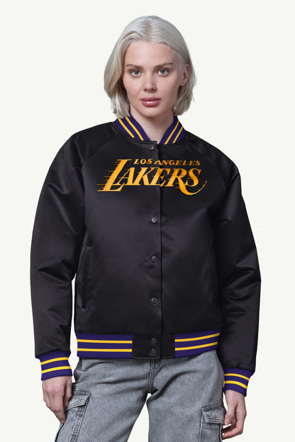 WOMENS LA LAKERS FINAL SCORE SATIN VARSITY JACKET
