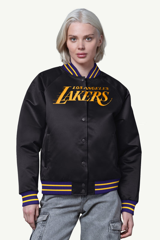 WOMENS LA LAKERS FINAL SCORE SATIN VARSITY JACKET