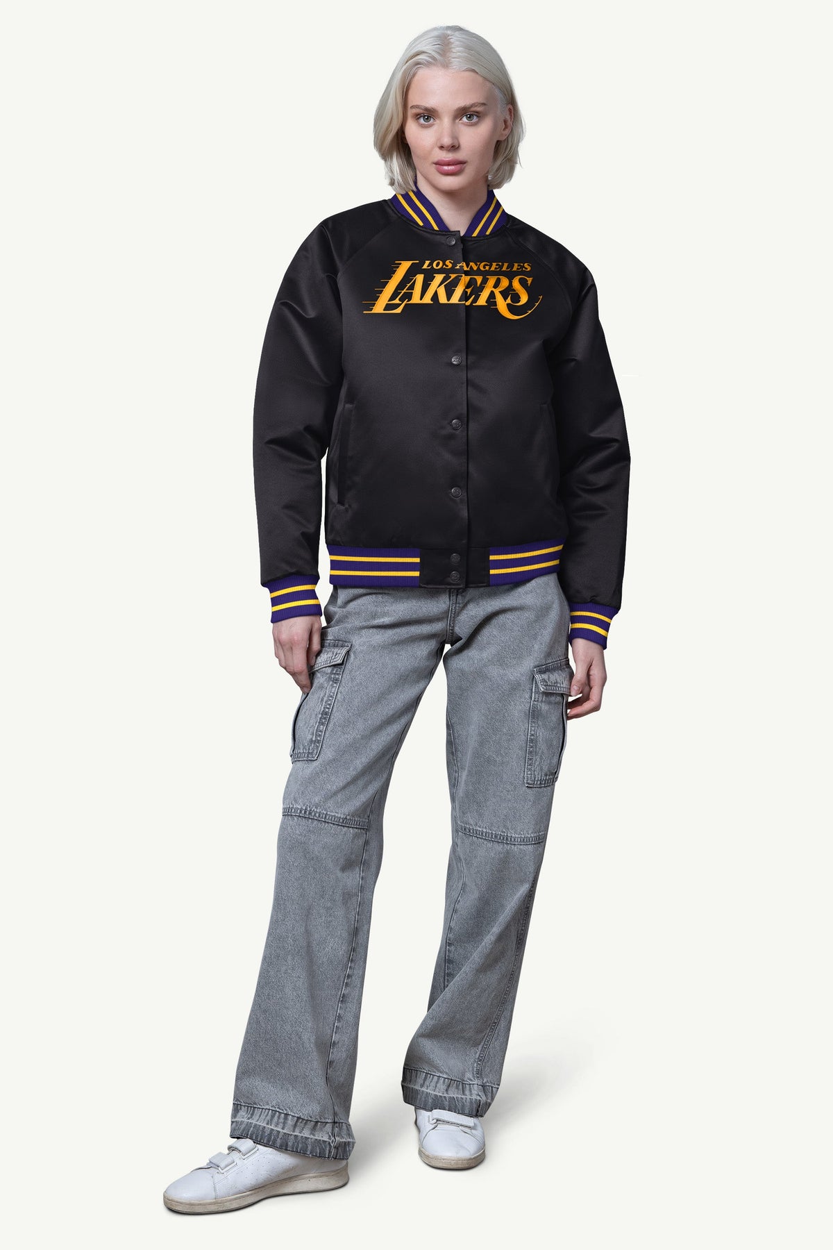 WOMENS LA LAKERS FINAL SCORE SATIN VARSITY JACKET