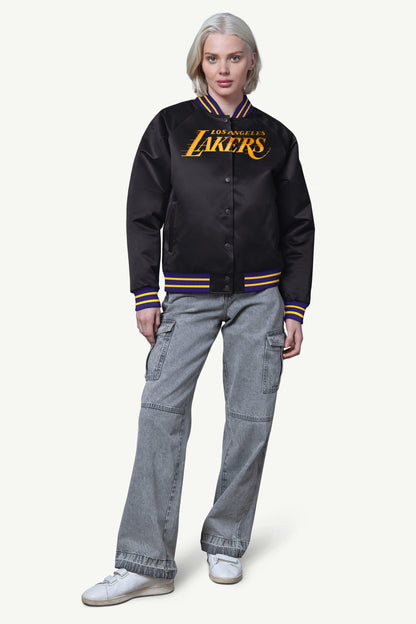 WOMENS LA LAKERS FINAL SCORE SATIN VARSITY JACKET