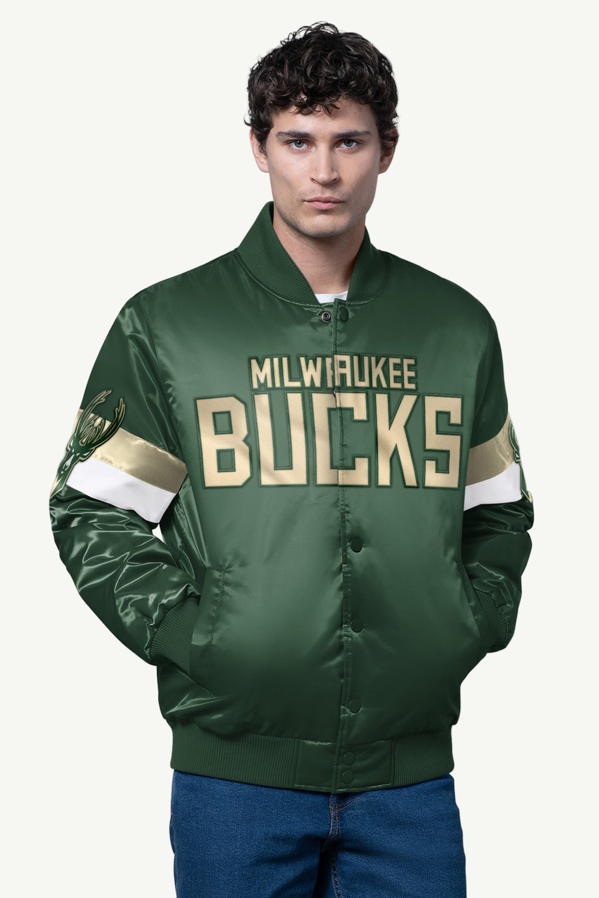 MENS MILWAUKEE BUCKS TRIPLE OPTION SATIN VARSITY JACKET