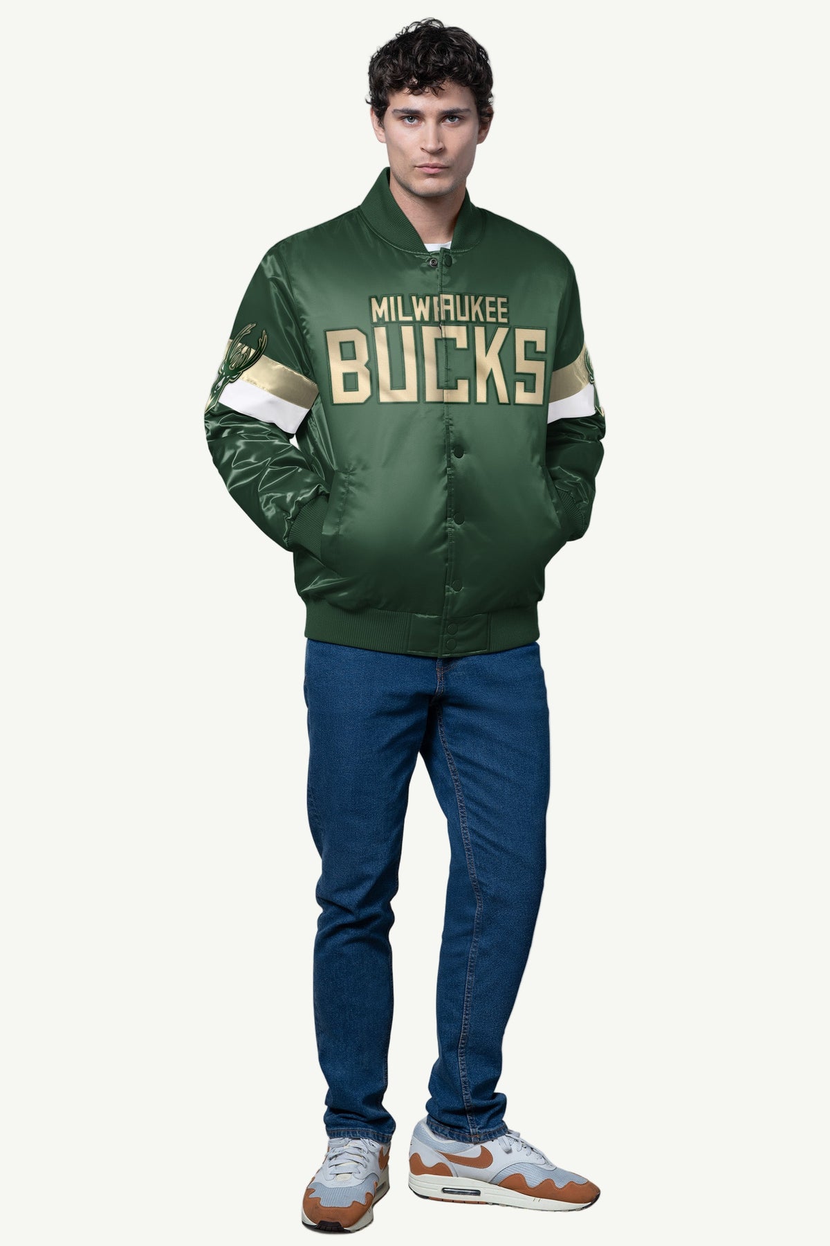 MENS MILWAUKEE BUCKS TRIPLE OPTION SATIN VARSITY JACKET