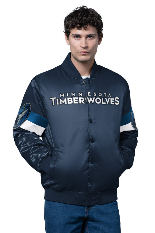 MENS MINNESOTA TIMBERWOLVES TRIPLE OPTION SATIN VARSITY JACKET