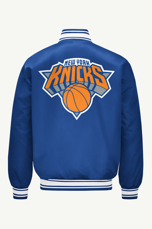 MENS NEW YORK KNICKS PRINTED GRAPHIC LOGO SATIN VARSITY JACKET