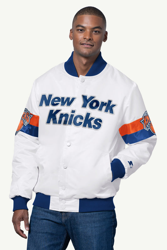 MENS NEW YORK KNICKS TRIPLE OPTION SATIN VARSITY JACKET