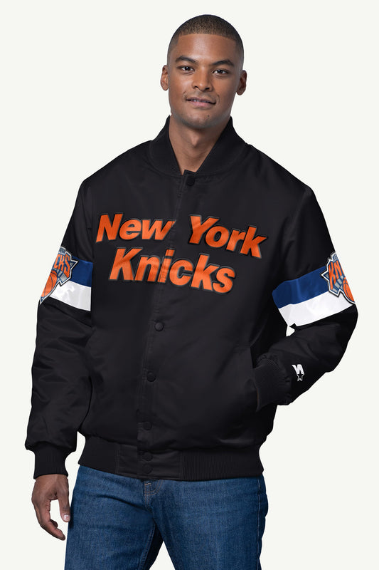 MENS NEW YORK KNICKS TRIPLE OPTION SATIN VARSITY JACKET