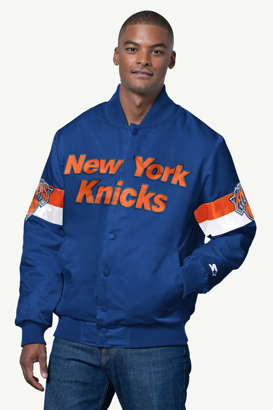 MENS NEW YORK KNICKS TRIPLE OPTION SATIN VARSITY JACKET