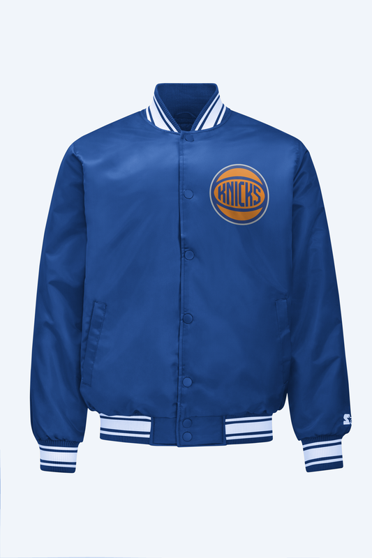 MENS NEW YORK KNICKS PRINTED GRAPHIC BASKETBALL SATIN VARSITY JACKET