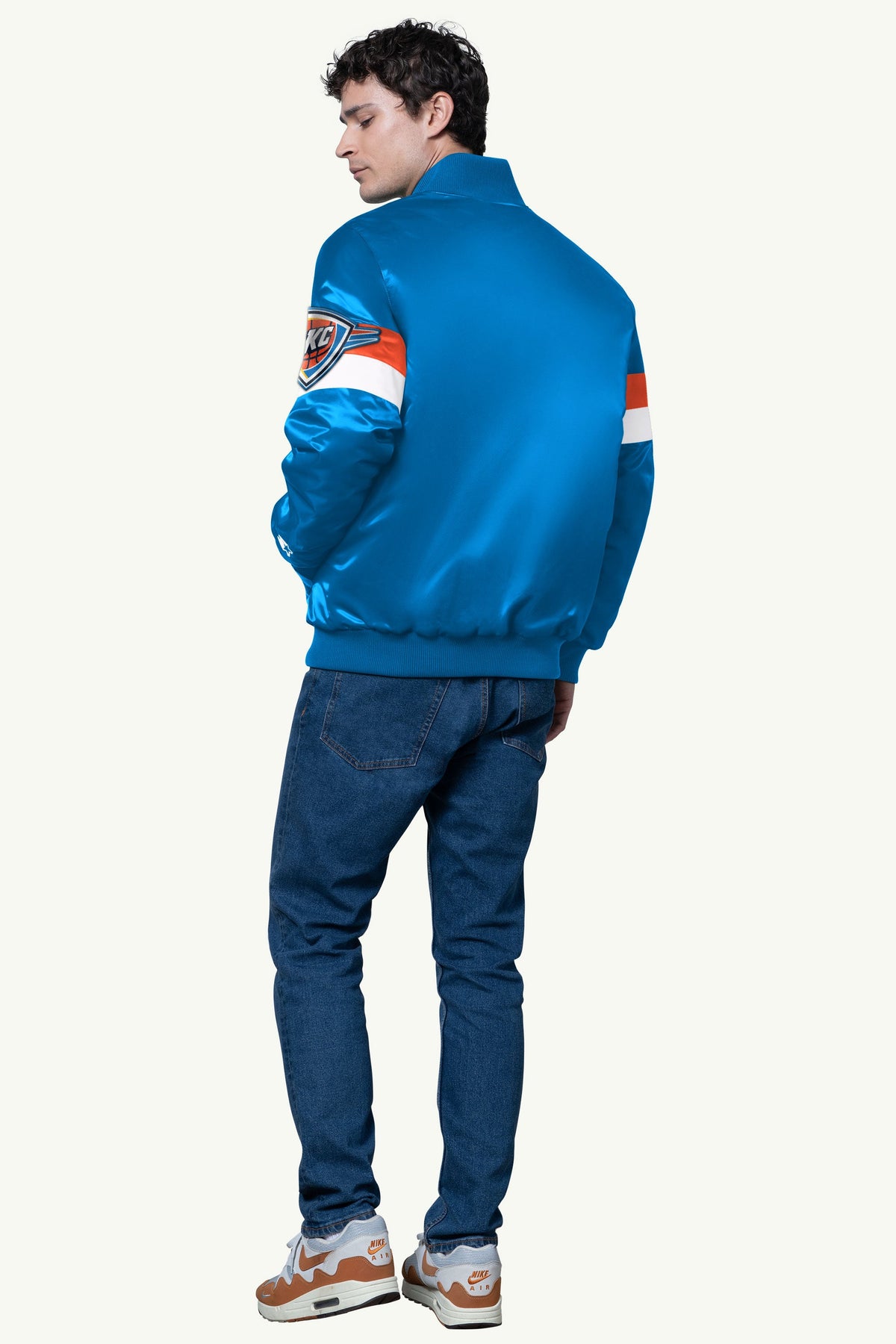 MENS OKLAHOMA CITY THUNDER TRIPLE OPTION SATIN VARSITY JACKET