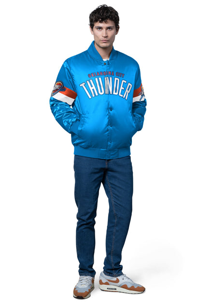 MENS OKLAHOMA CITY THUNDER TRIPLE OPTION SATIN VARSITY JACKET