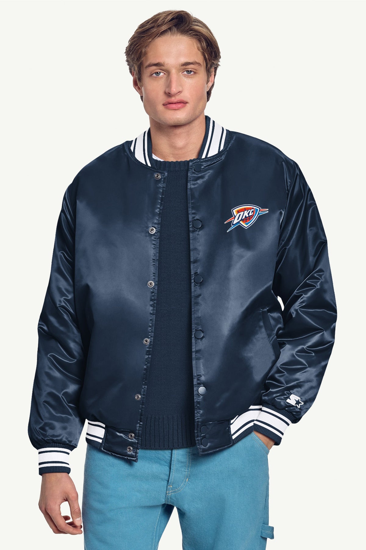 MENS OKLAHOMA CITY THUNDER MESH LOOK SATIN VARSITY JACKET