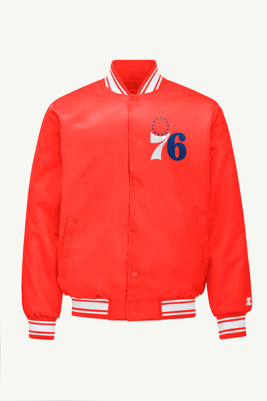 MENS PHILADELPHIA 76ERS PRINTED GRAPHIC SATIN VARSITY JACKET
