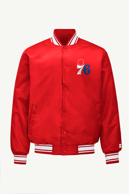 MENS PHILADEPHIA 76ERS MESH LOOK SATIN VARSITY JACKET