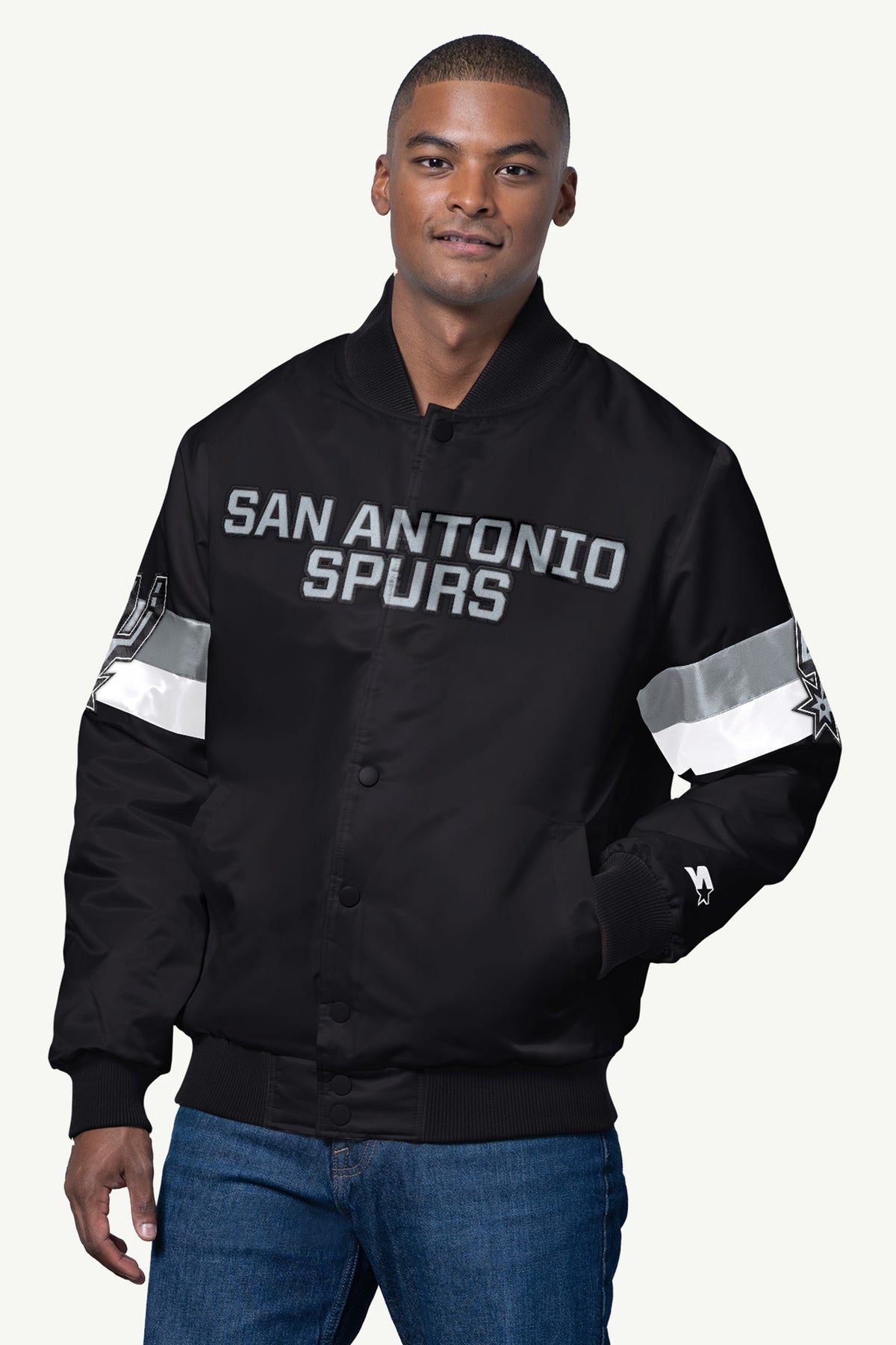 MENS SAN ANTONIO SPURS TRIPLE OPTION SATIN VARSITY JACKET