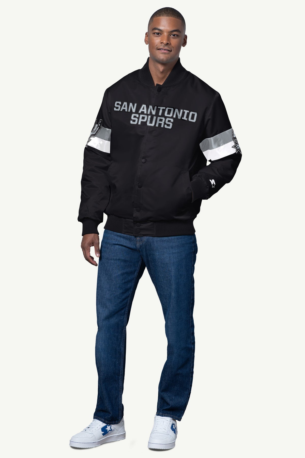 MENS SAN ANTONIO SPURS TRIPLE OPTION SATIN VARSITY JACKET
