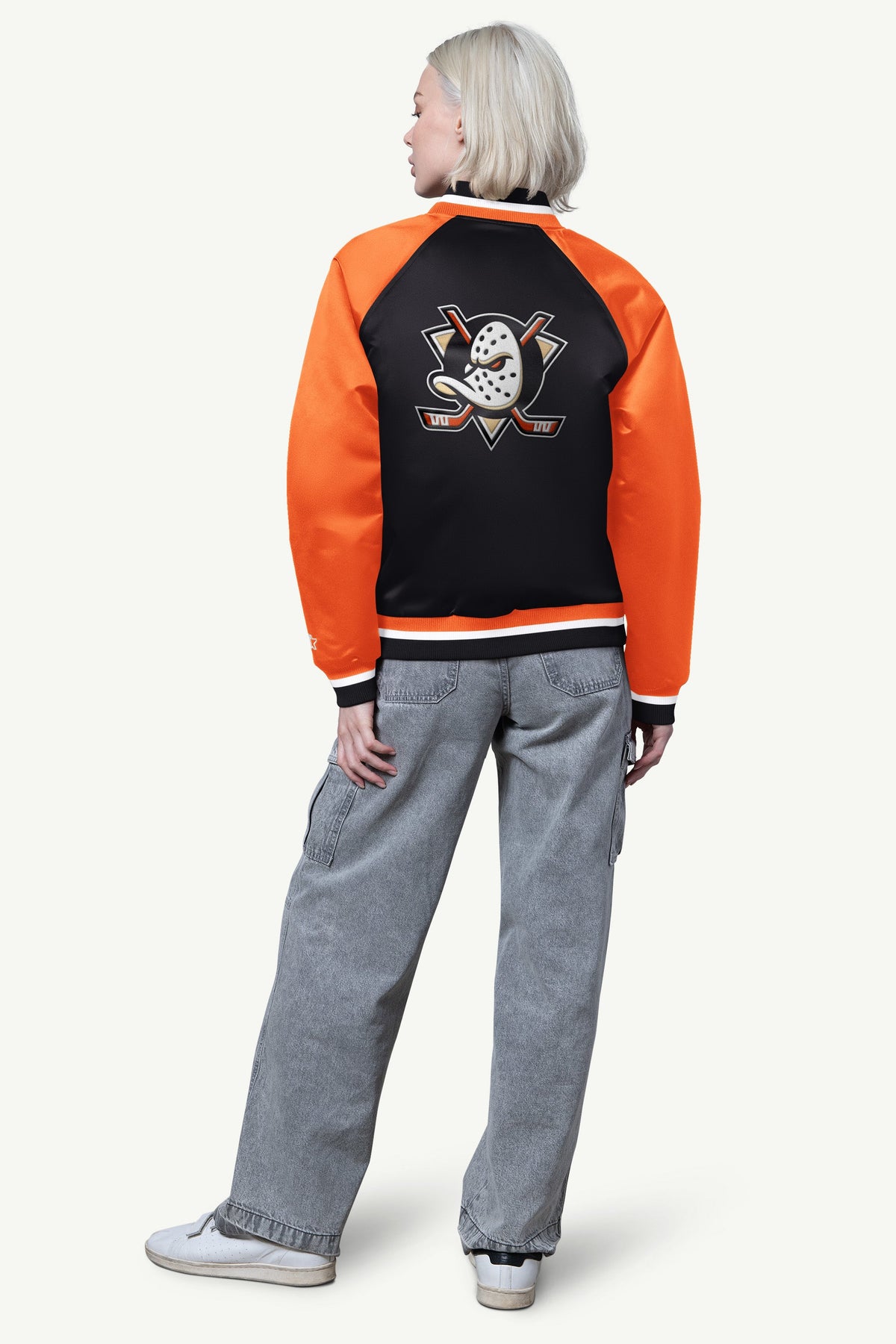 WOMENS ANAHAEIM DUCKS FINAL SCORE SATIN VARSITY JACKET