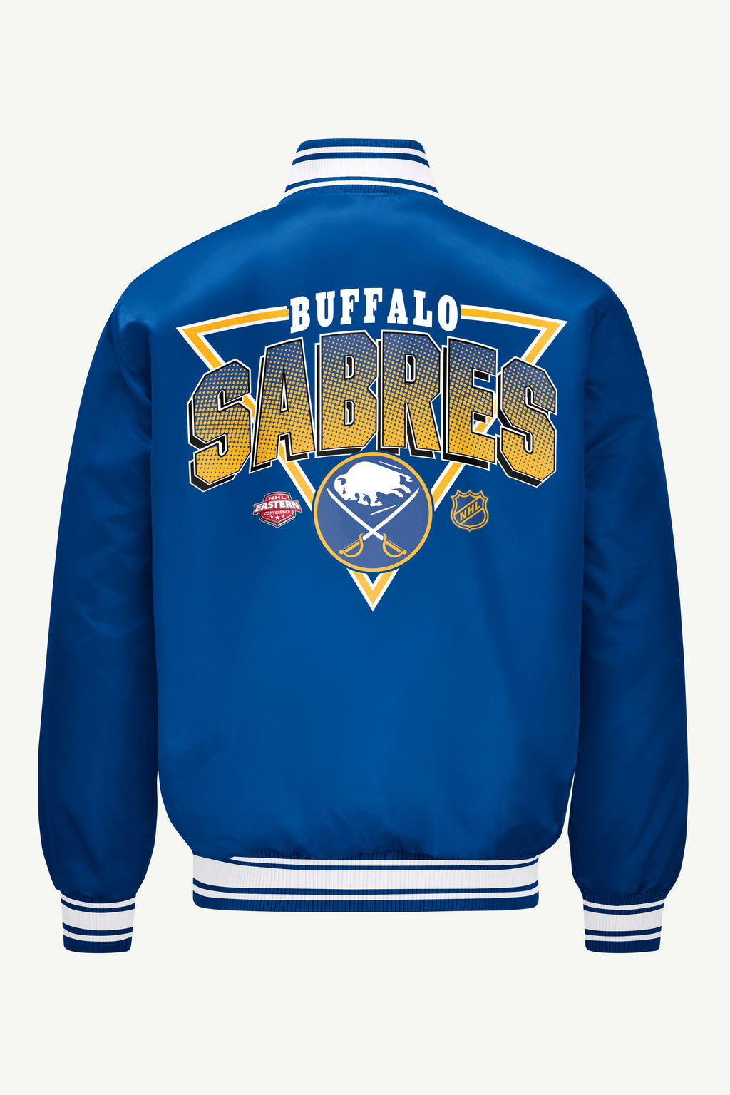MENS BUFFALO SABRES PRINTED GRAPHIC TRIANGLE SATIN VARSITY JACKET