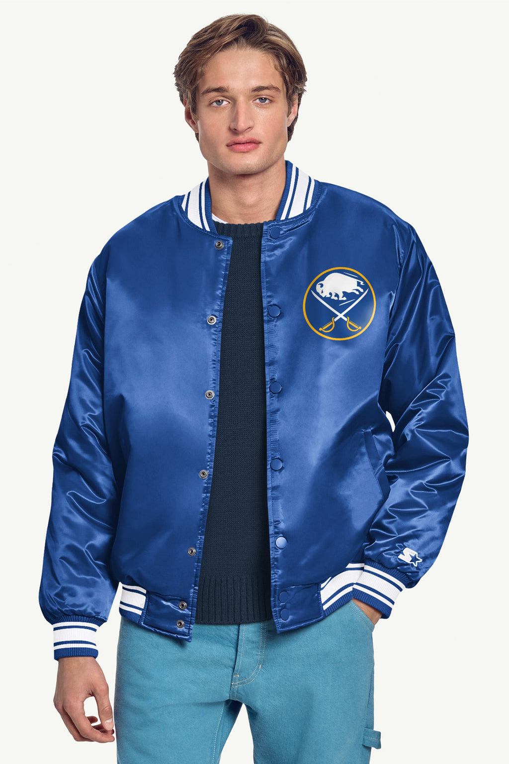 MENS BUFFALO SABRES PRINTED GRAPHIC TRIANGLE SATIN VARSITY JACKET