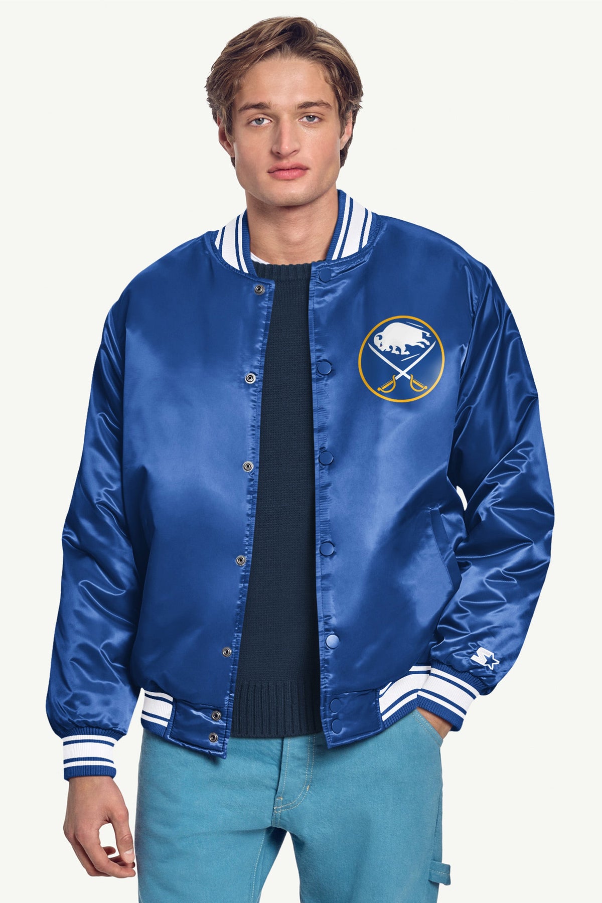 MENS BUFFALO SABRES PRINTED GRAPHIC TRIANGLE SATIN VARSITY JACKET