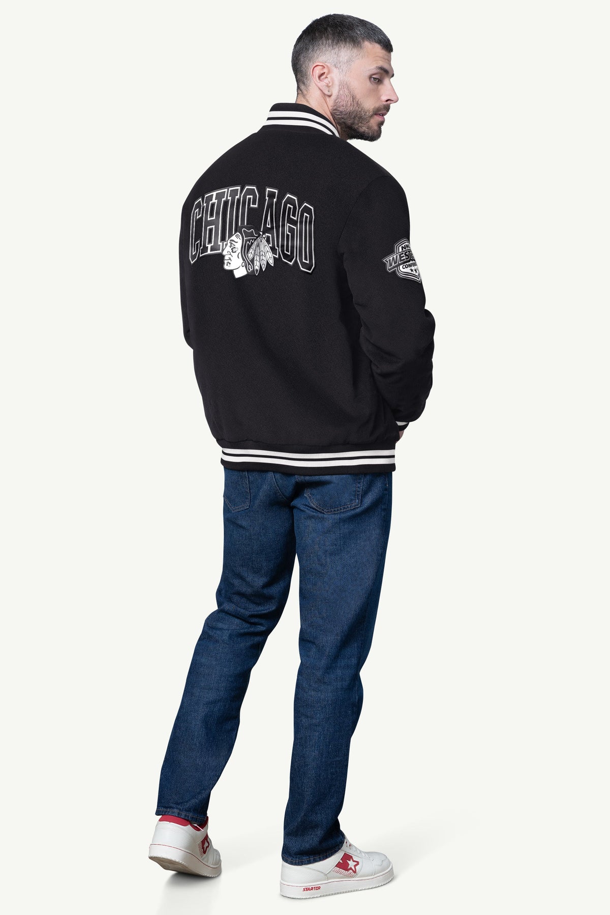 MENS CHICAGO BLACKHAWKS BLACKOUT CORDUROY VARSITY JACKET