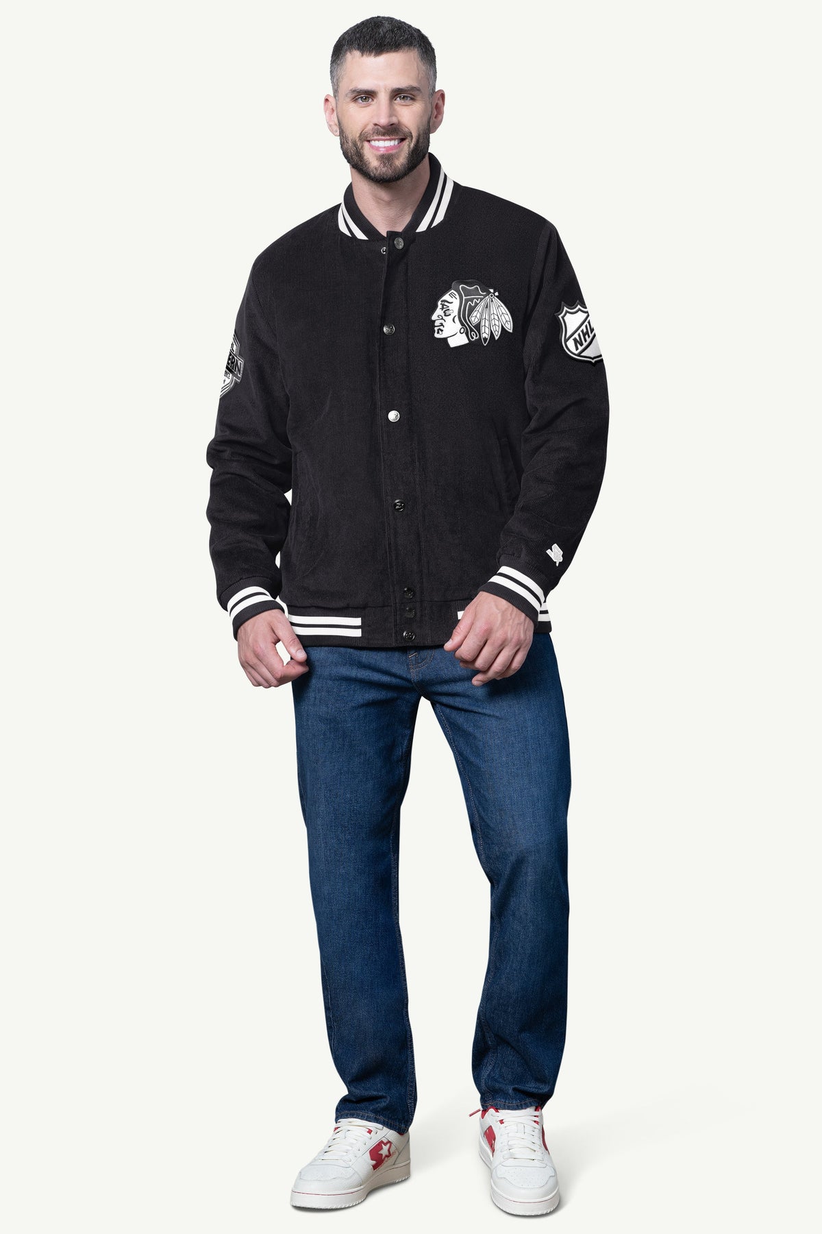 MENS CHICAGO BLACKHAWKS BLACKOUT CORDUROY VARSITY JACKET