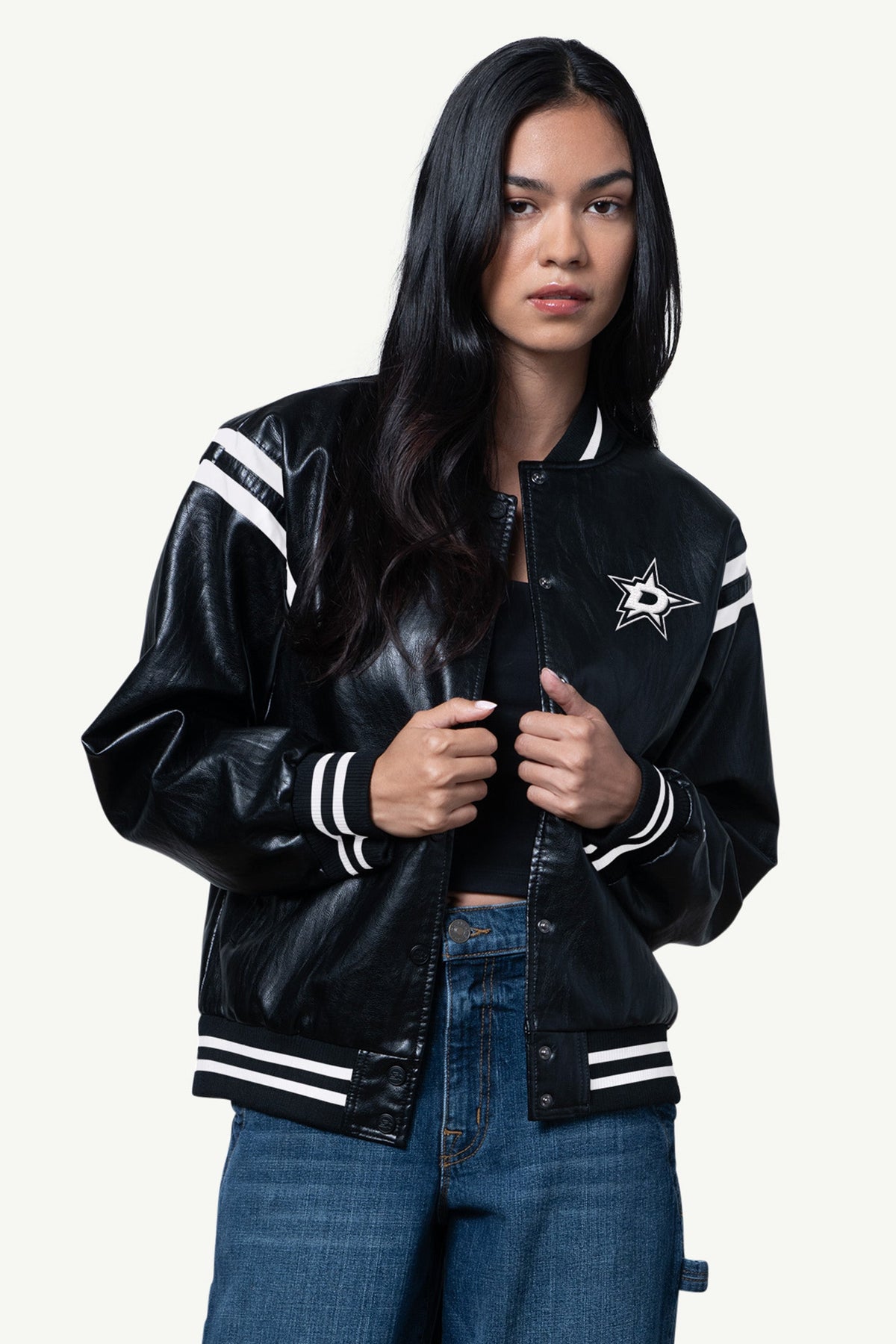 WOMENS DALLAS STARS FAUX LEATHER VARSITY
