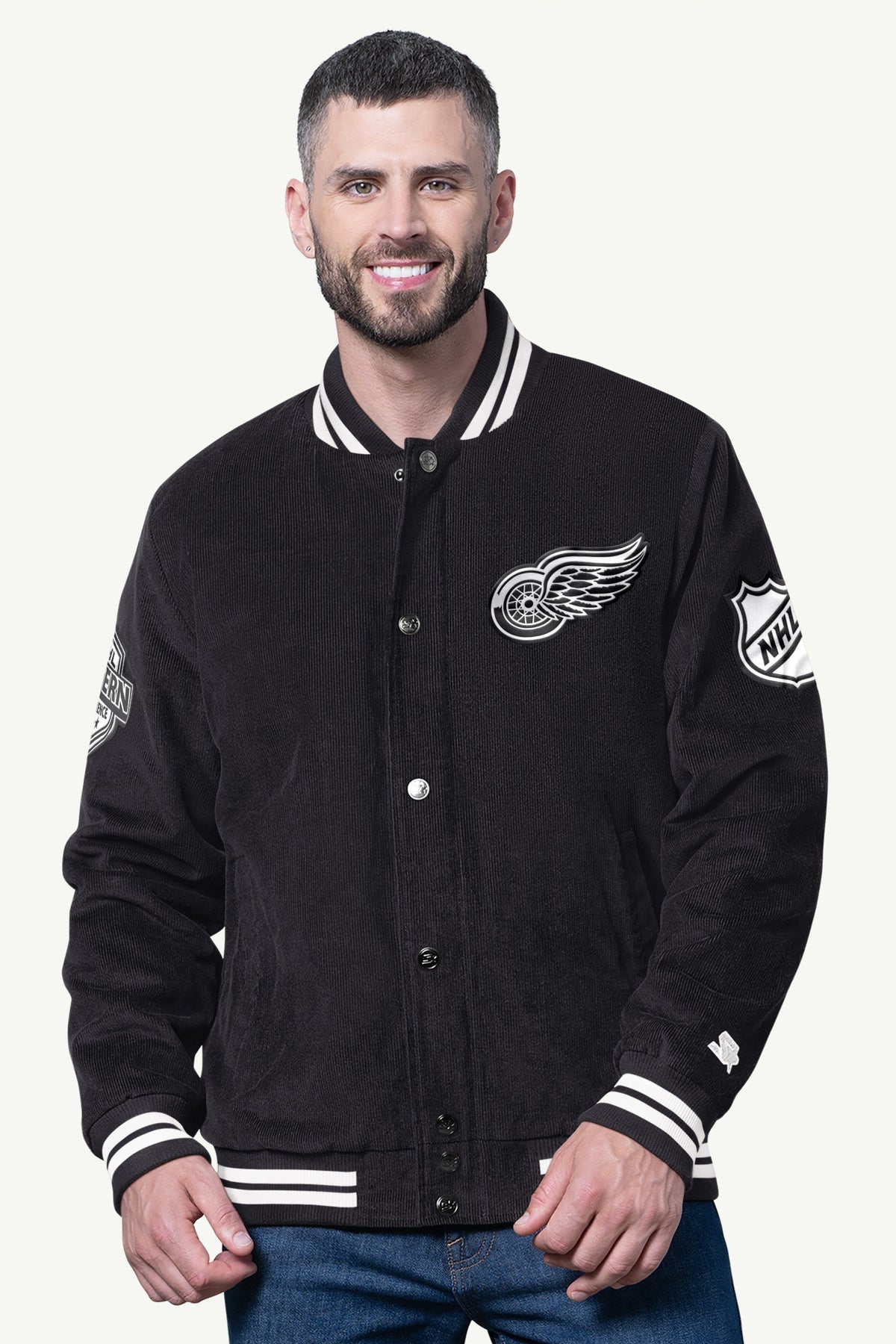 MENS DETROIT RED WINGS BLACKOUT CORDUROY VARSITY JACKET