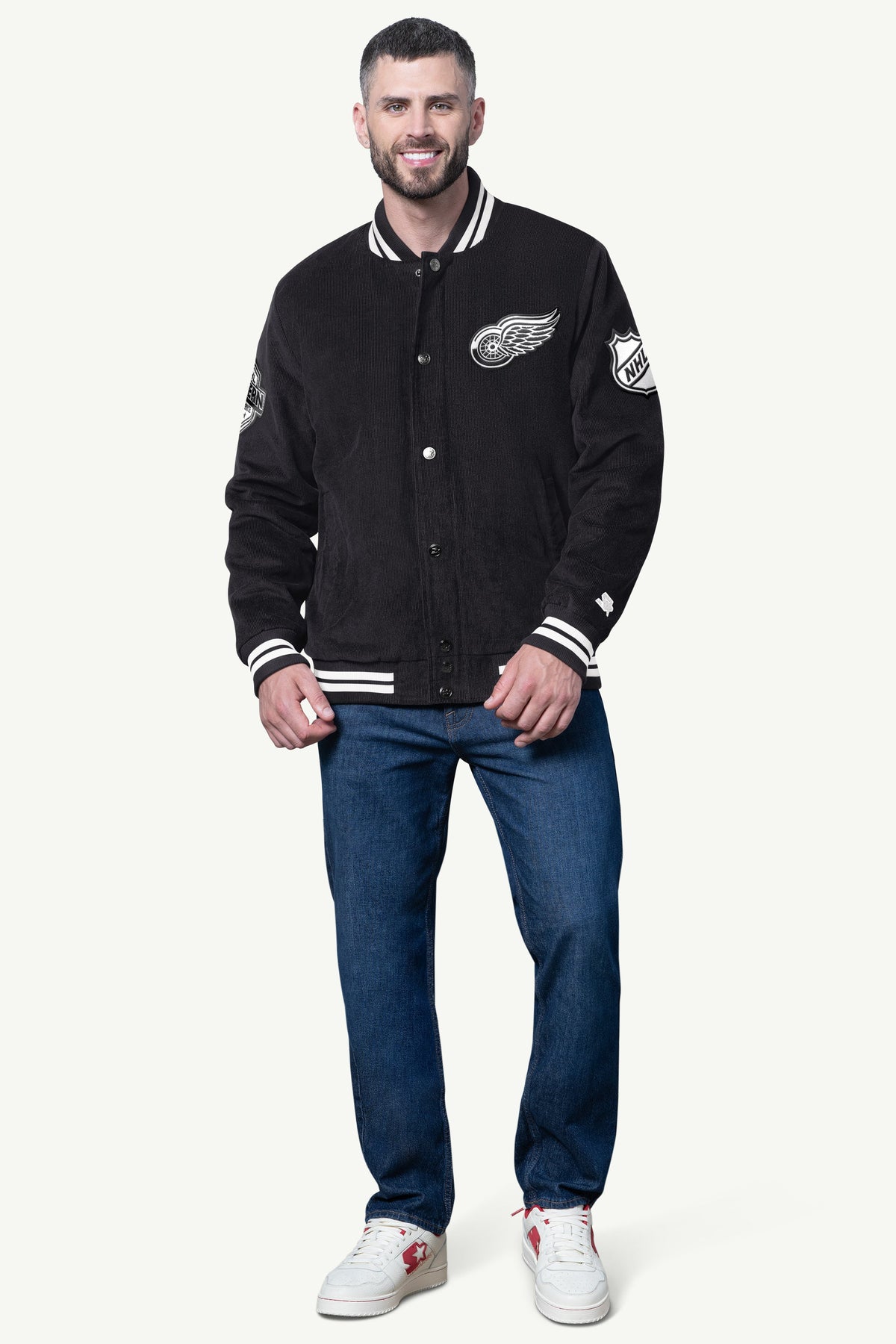 MENS DETROIT RED WINGS BLACKOUT CORDUROY VARSITY JACKET