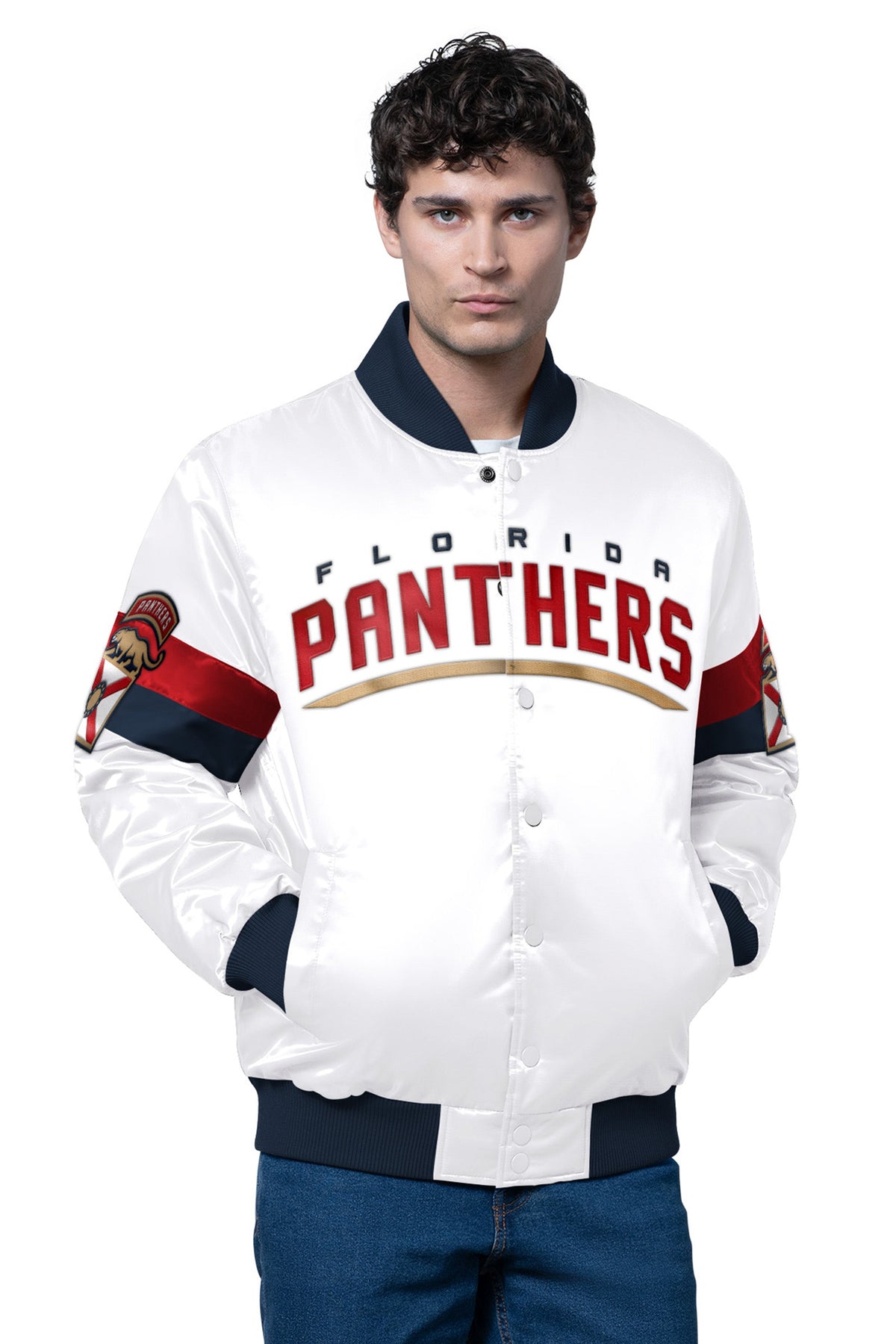 MENS FLORIDA PANTHERS TRIPLE OPTION SATIN VARSITY JACKET