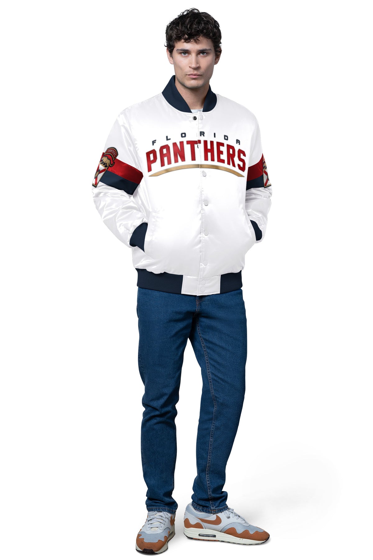 MENS FLORIDA PANTHERS TRIPLE OPTION SATIN VARSITY JACKET
