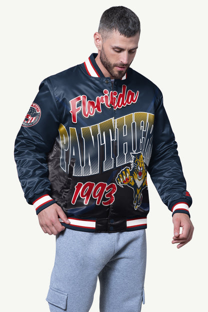 MENS FLORIDA PANTHERS PASS RUSH SATIN VARSITY JACKET