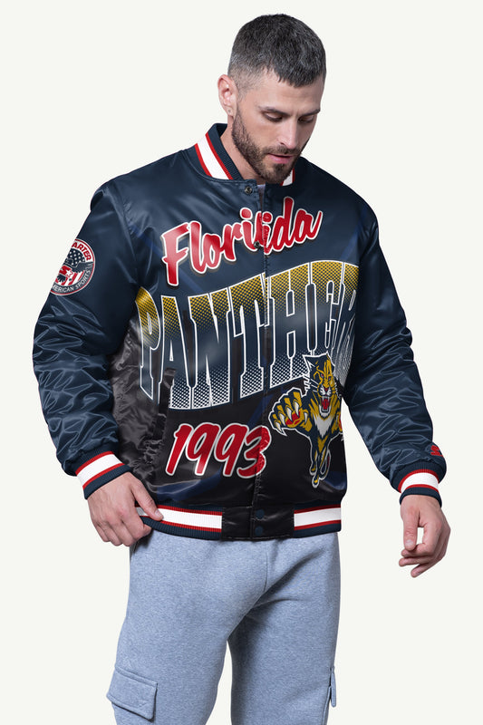 MENS FLORIDA PANTHERS PASS RUSH SATIN VARSITY JACKET