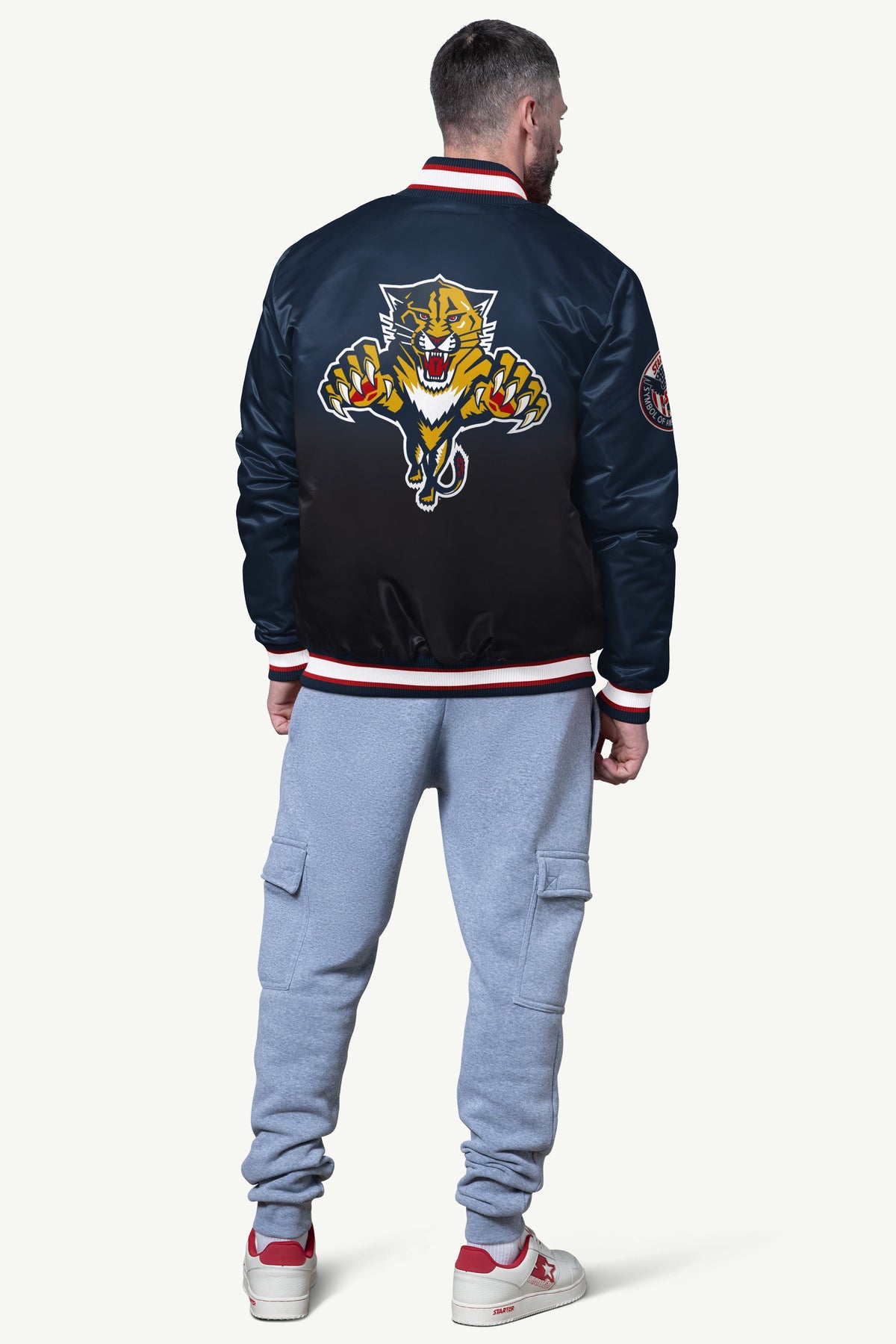 MENS FLORIDA PANTHERS PASS RUSH SATIN VARSITY JACKET
