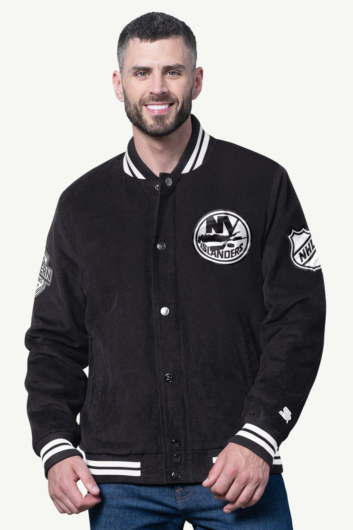 MENS NEW YORK ISLANDERS BLACKOUT CORDUROY VARSITY JACKET