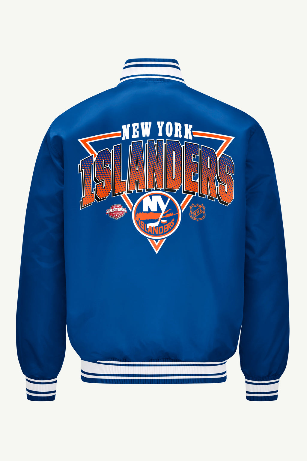 MENS NEW YORK ISLANDERS PRINTED GRAPHIC TRIANGLE SATIN VARSITY JACKET
