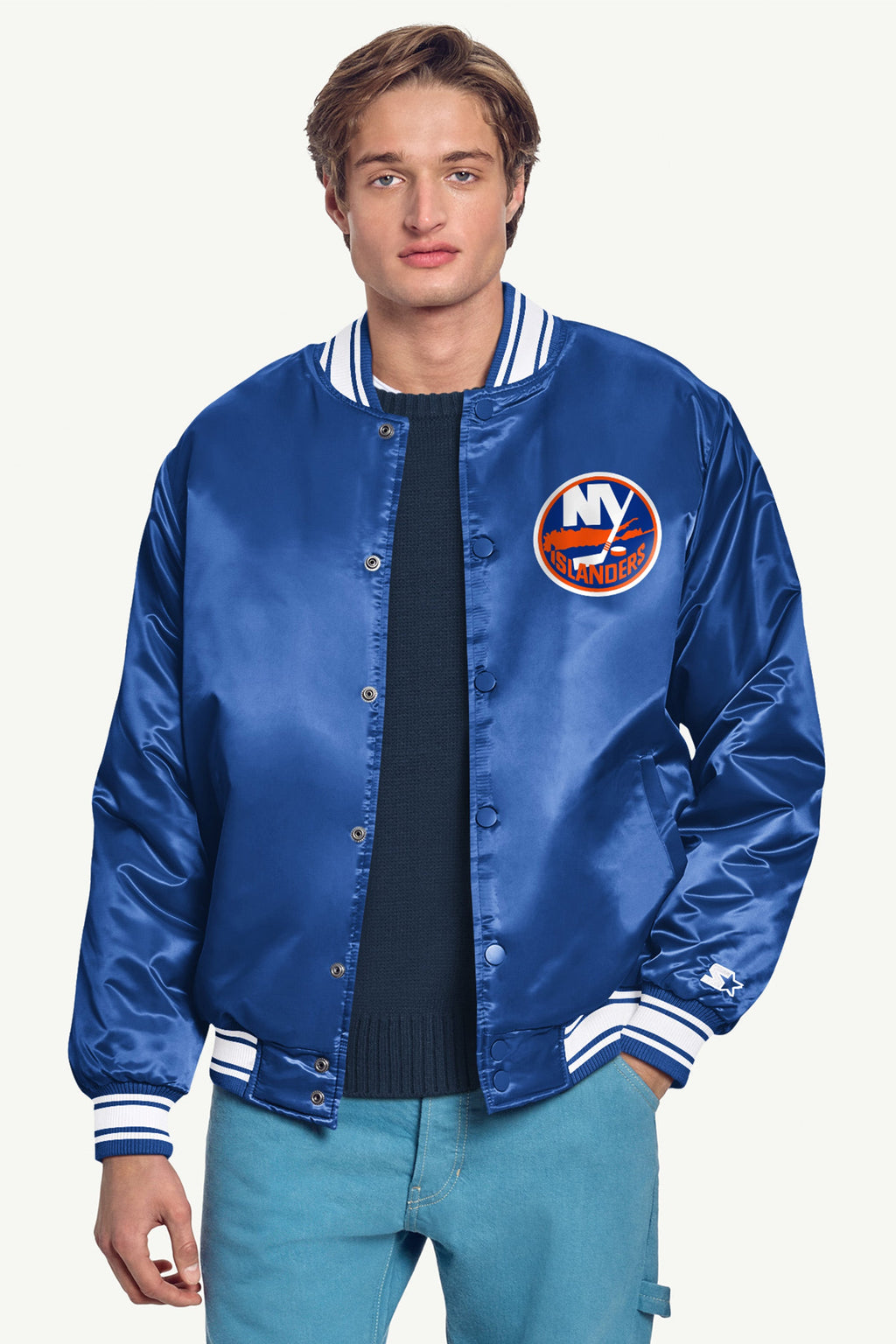 MENS NEW YORK ISLANDERS PRINTED GRAPHIC TRIANGLE SATIN VARSITY JACKET