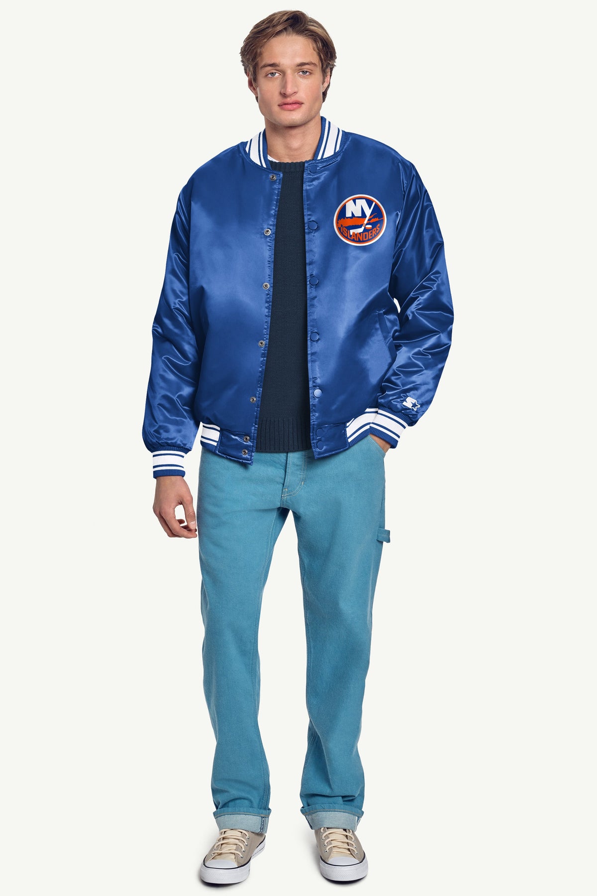 MENS NEW YORK ISLANDERS PRINTED GRAPHIC TRIANGLE SATIN VARSITY JACKET
