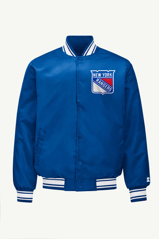 MENS NEW YORK RANGERS PRINTED GRAPHIC TRIANGLE SATIN VARSITY JACKET
