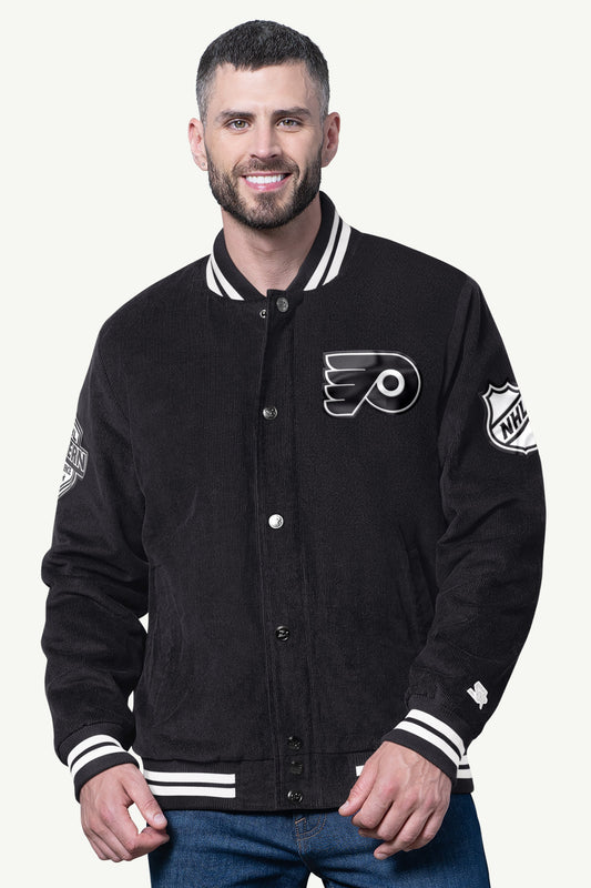 MENS PHILADELPHIA FLYERS BLACKOUT CORDUROY VARSITY JACKET