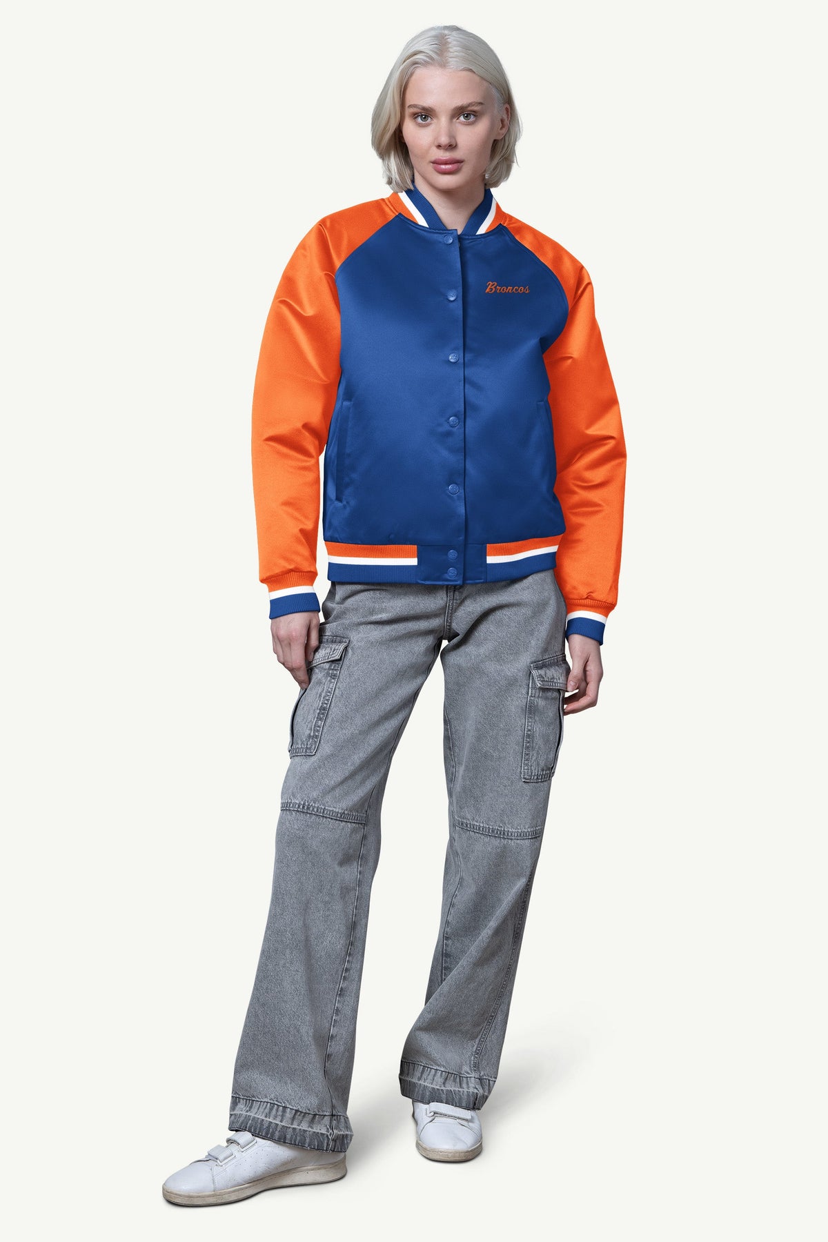 WOMENS DENVER BRONCOS FINAL SCORE SATIN VARSITY JACKET